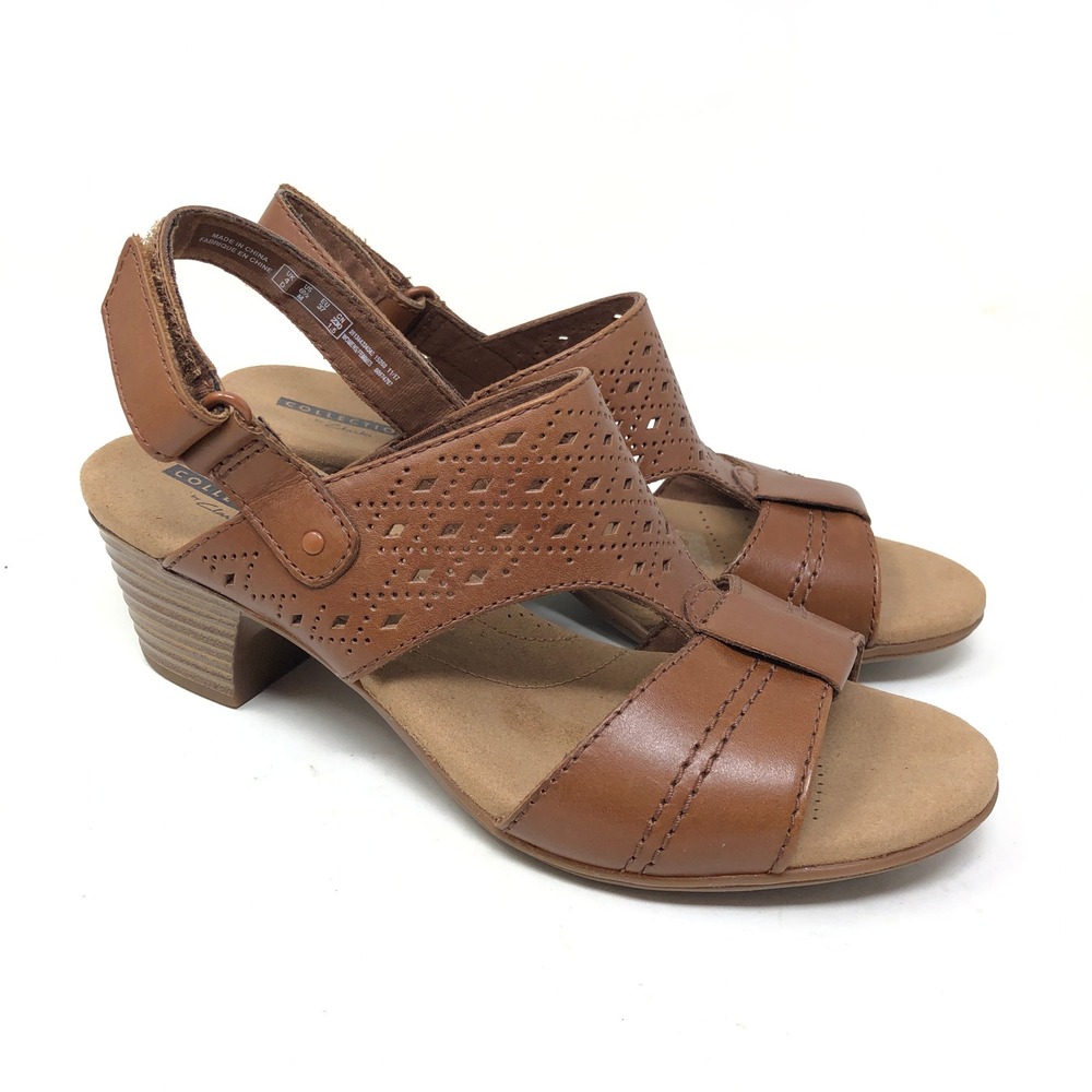 Clarks Womens 6.5 Sandal Brown Leather Laser Cut Block Heel Valarie Mindi